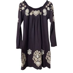 Johnny Was Embroidered Mini Dress Tunic Top Small Purple White Cotton Boho